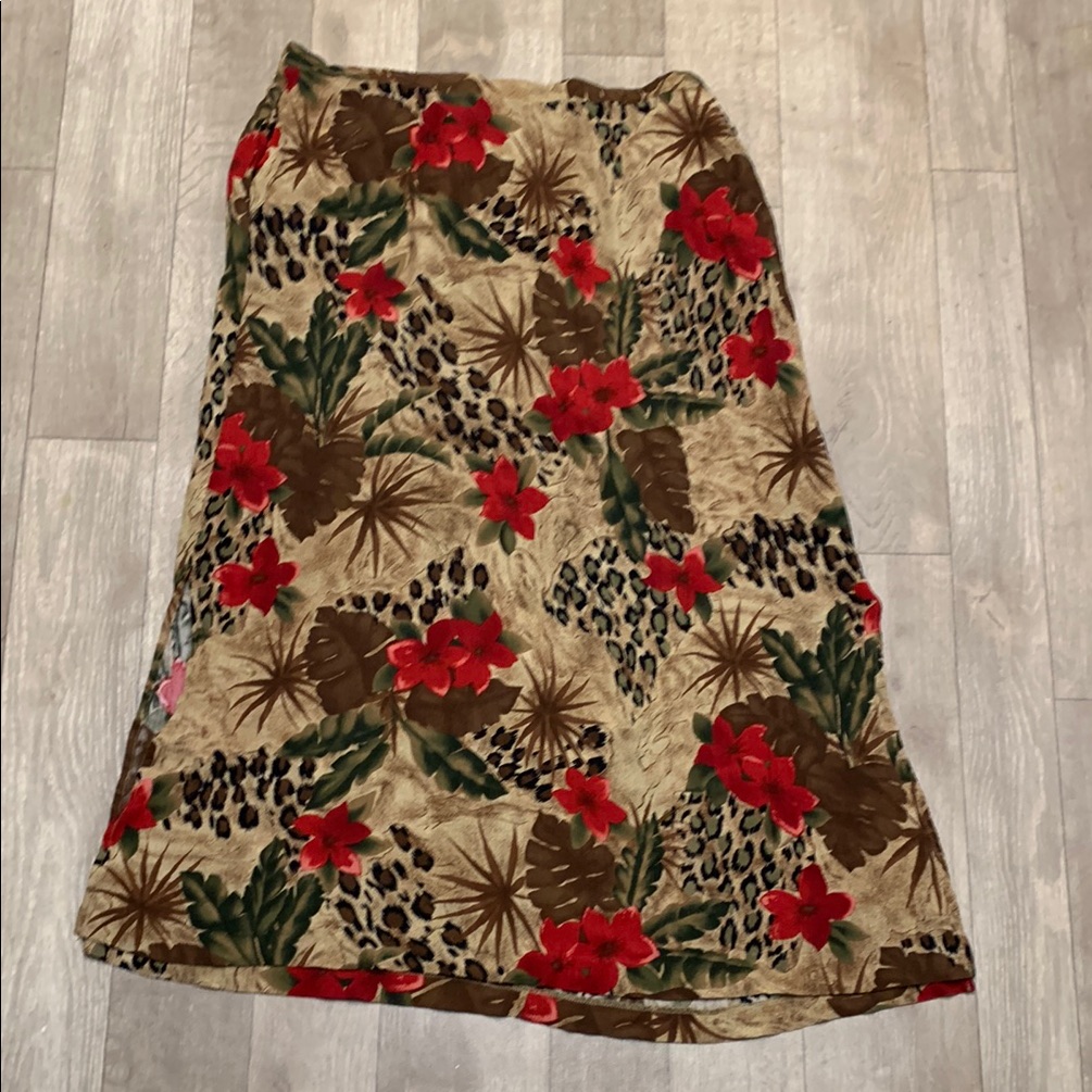 Coldwater Creek Floral Print Leopard Print Slit Long A-Line Full Pull On Skirt